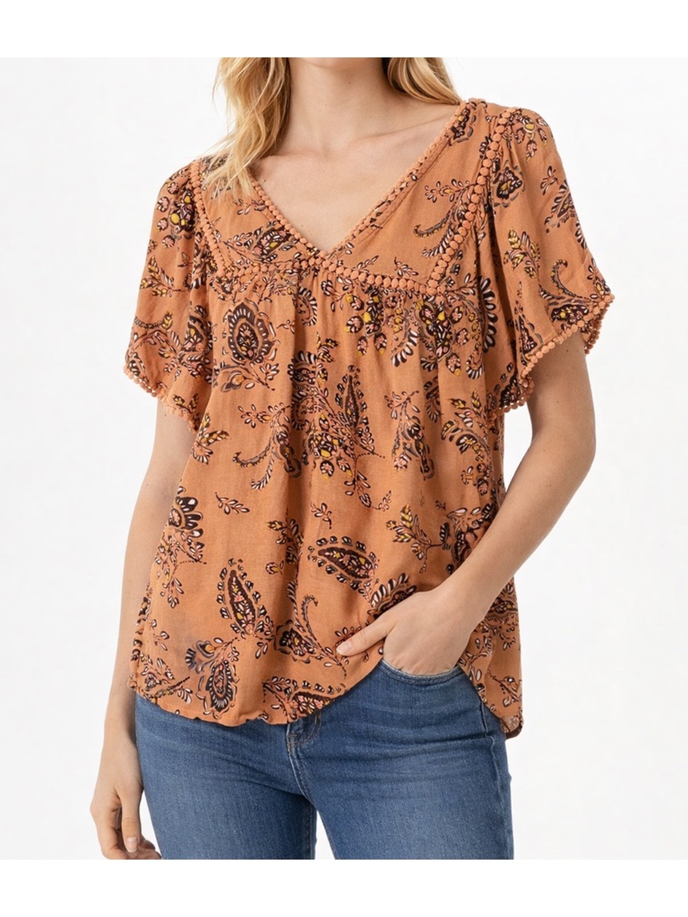 Boho Paisley V-Neck Short Sleeve Top - peach